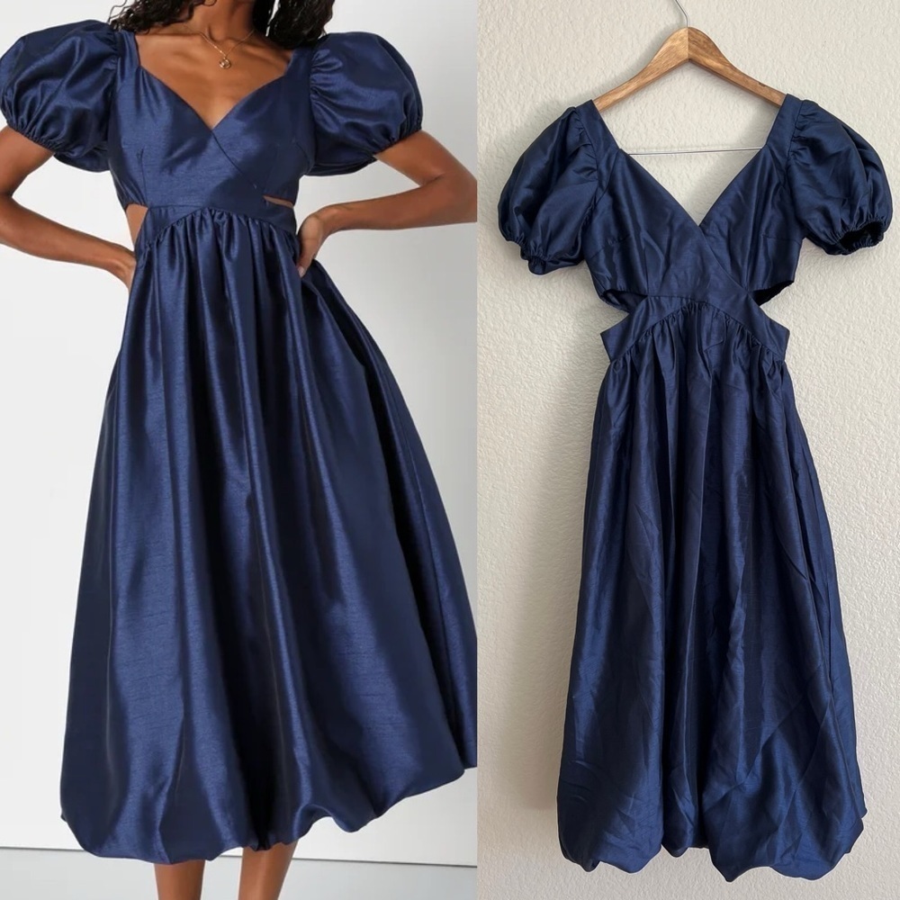 NWOT Exceptionally Charming Navy Blue Cutout Puff Sleeve Midi Dress